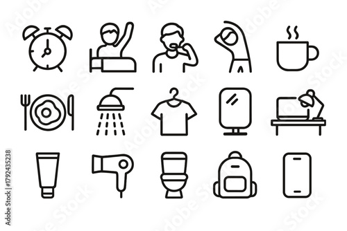 Daily routine icons morning activities, fitness, and relaxation in minimalist design