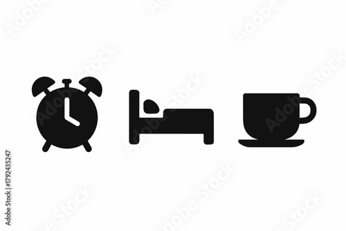 Morning routine icons alarm clock, bed, and coffee cup in minimalist style
