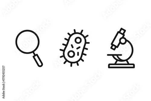 Scientific tools linear icons of magnifying glass, bacteria, and microscope on dark background