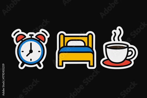 Minimalist icons of alarm clock, bed, and coffee cup on black background