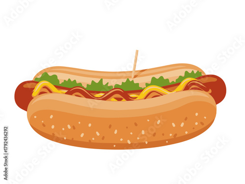 Detailed vector illustration of a hot dog in a bun with mustard and toppings. Focuses on classic fast food imagery.