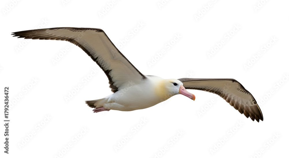 Fototapeta premium Isolated albatross flying, wings spread, gliding through air, avian elegance in motion