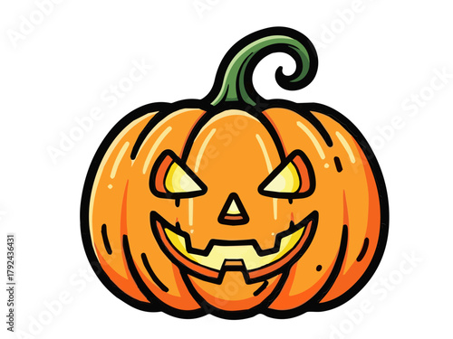 Vector illustration of a happy, grinning carved Halloween pumpkin (Jack-O'-Lantern) with a joyful expression. Represents fun, friendly Halloween themes.