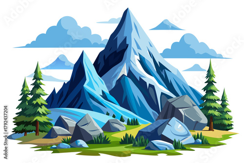 cartoon mountain landscape with snowy peaks and pine trees, isolated on pure white background