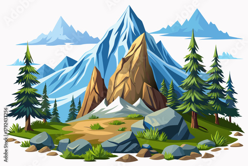 cartoon mountain landscape with snowy peaks and pine trees, isolated on pure white background