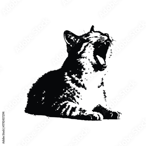 Black and white illustration of a yawning cat, retro vintage vector art