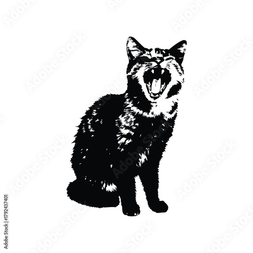 Black and white illustration of a yawning cat, retro vintage vector art