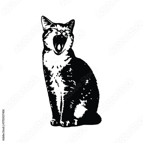 Black and white illustration of a yawning cat, retro vintage vector art