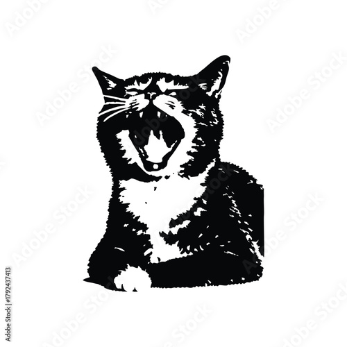 Black and white illustration of a yawning cat, retro vintage vector art