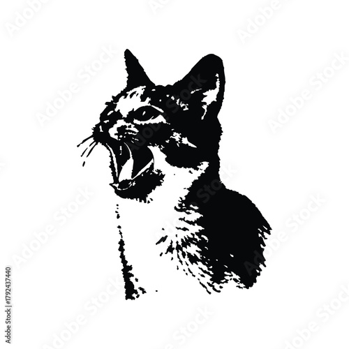Black and white illustration of a yawning cat, retro vintage vector art