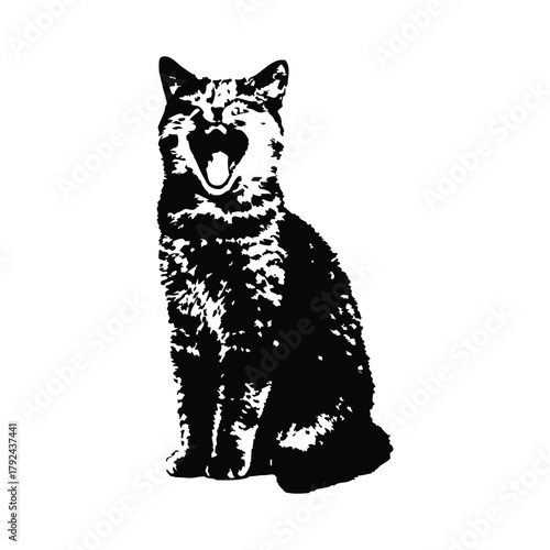 Black and white illustration of a yawning cat, retro vintage vector art