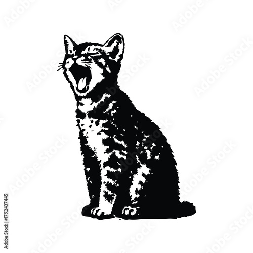 Black and white illustration of a yawning cat, retro vintage vector art