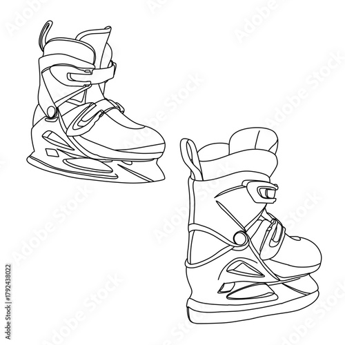 A clear line drawing showcases two ice skates, highlighting their design and structure, ideal for coloring books or educational materials.