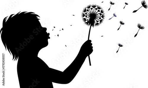 child blowing dandelion seeds silhouette