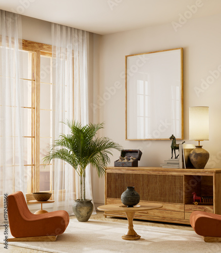 Japandi style living room interior with natural wood and beige tones, featuring mock-up poster frame in modern living room. 3D illustration.