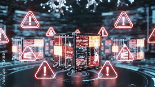 Futuristic digital scene with cargo containers, data streams, and glowing beams of light