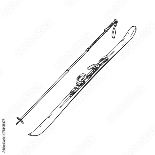 Sketch of a single downhill ski and a long ski pole.