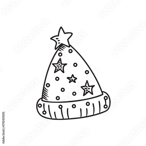 Sketch of a conical party hat decorated with stars.