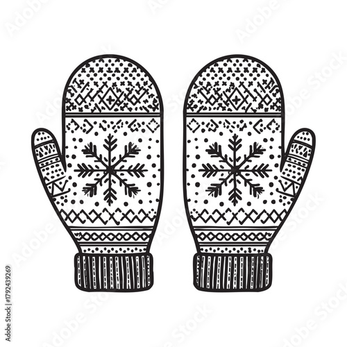 Pair of matching mittens with snowflake patterns.