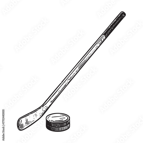 Engraved drawing of a hockey stick and a puck.