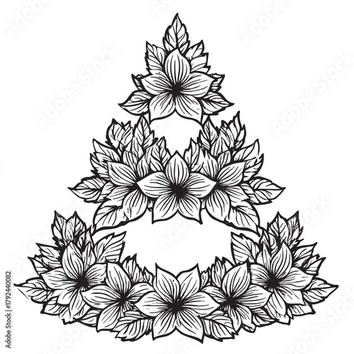 Floral arrangement of flowers and leaves in a triangle.