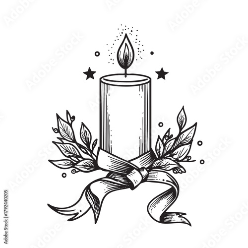 Engraved-style drawing of a festive, burning candle.