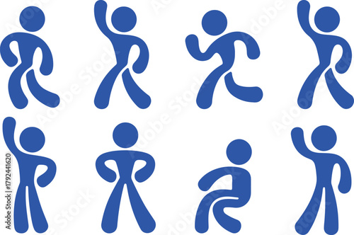 Collection of blue stickman figures showing dance and movement poses, representing joy, rhythm, energy, and celebration in minimalist motion vector illustration style