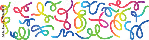 Playful colorful ribbon lines forming artistic loops and curls on white background, ideal for festive decoration, creative design projects, and abstract celebration themes