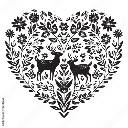 Folk-style heart shape filled with floral motifs and two deer