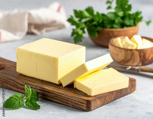 ** Fresh butter blocks and slices on a wooden board with herbs and bowls in a kitchen setting. **