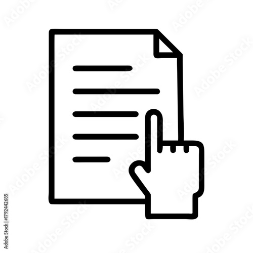 Hand pointing at a document with lines representing text in a simple black and white illustration