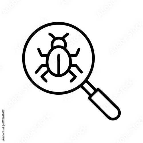 A simple line drawing of a bug under a magnifying glass representing inspection or debugging process