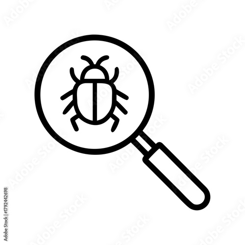 A simple line drawing of a bug under a magnifying glass isolated on a white background in vector format