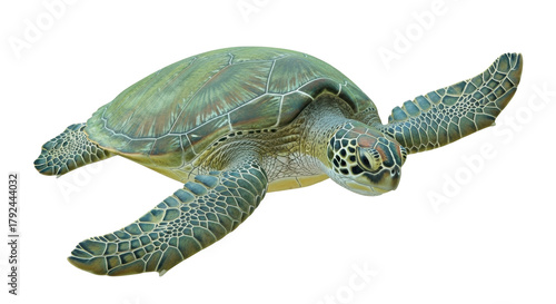 Isolated Green Sea Turtle with detailed shell, swimming or flying in space, detailed skin
