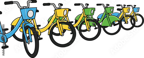 Row of Blue Yellow Green Bicycles Lined Up Isolated on White Background