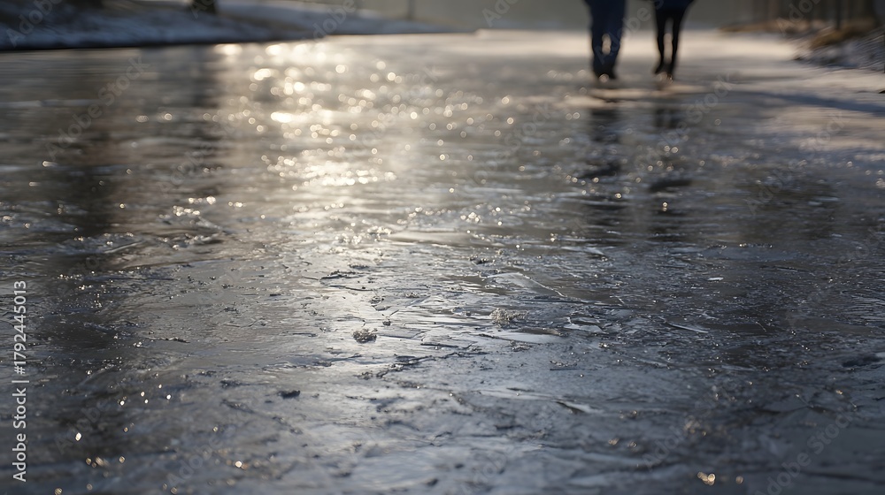 Fototapeta premium Frozen path covered in glistening ice crystals and reflecting sunlight with two figures walking in the distance during a cold winter day