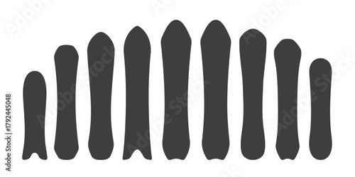 Snowboards silhouettes. Different shapes and sizes boards for snowboarding. Vector illustrations.  Design elements. Winter sport equipment