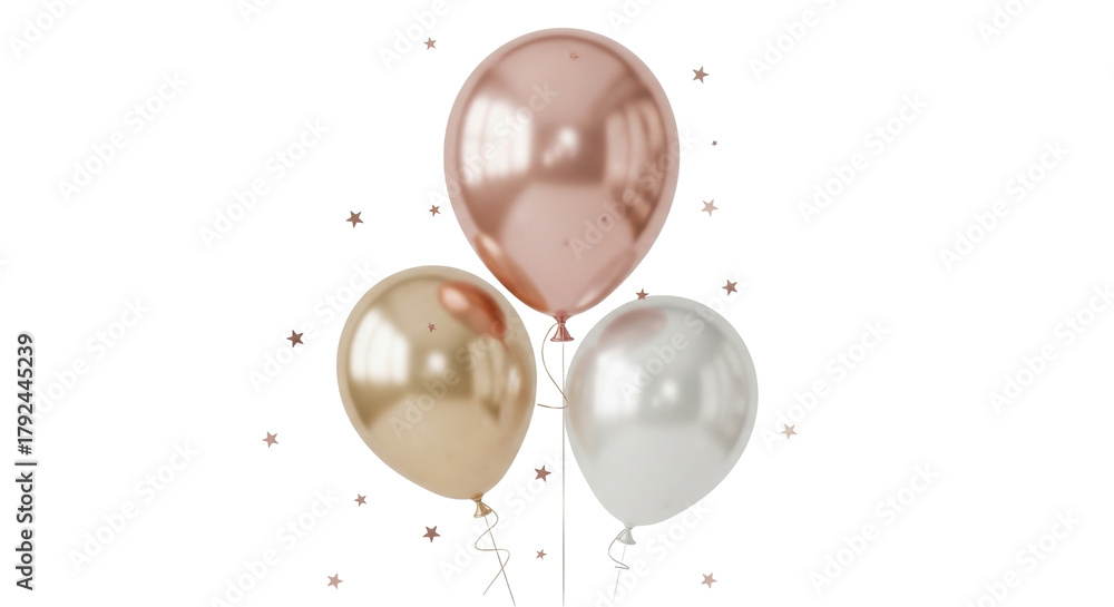 Obraz premium Isolated arrangement of three reflective party balloons in varying shapes and colors float upwards