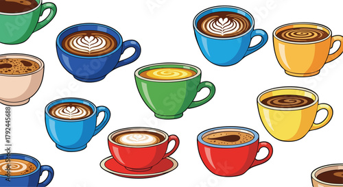Pixel Art Coffee Cups with Latte Art and Various Colors on White Background
