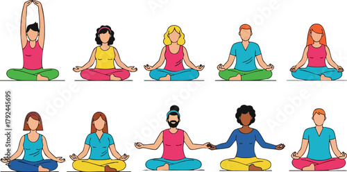 Diverse Group Of People Meditating In Lotus Pose With Various Colored Outfits