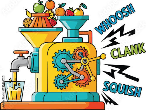 Yellow Juice Machine Making Fresh Fruit Juice With Sound Effects In A Factory Setting