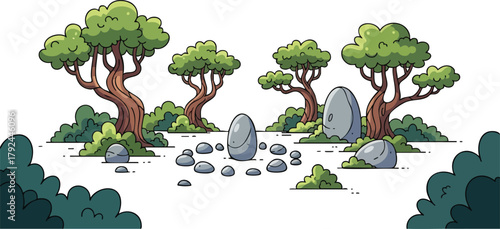 Pixel Art Landscape With Green Trees And Gray Stones In A Forest Clearing