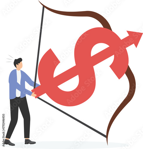 businessman archery dollar sign arrow high up into the sky.
