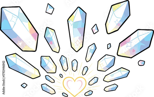 Radiant Healing Crystals Arranged in a Semicircle Around a Glowing Heart Symbol Featuring Pastel Colors and Subtle Sparkles