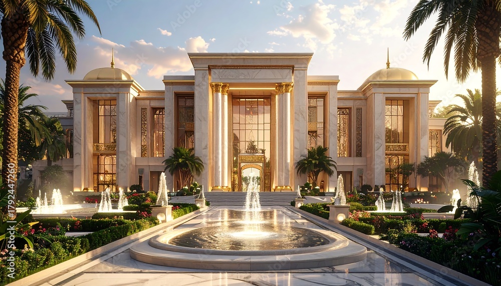 A grand and luxurious architectural masterpiece, featuring elegant modern design with marble facades, golden details, large glass windows, and a wide entrance with majestic pillars