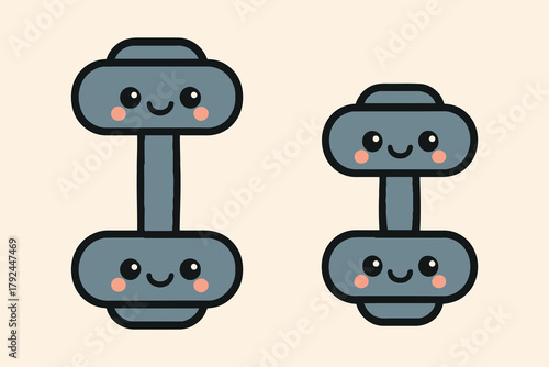 Cute kawaii dumbbells with happy faces for fitness and exercise