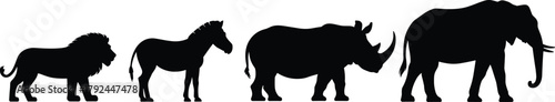 African wildlife silhouettes, lion, zebra, rhinoceros, elephant, animal shapes, safari animals, black silhouettes, nature icons, wild animal illustration