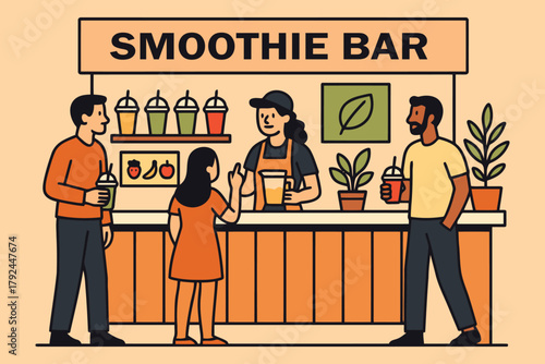 Customers ordering healthy drinks at a vibrant smoothie bar counter