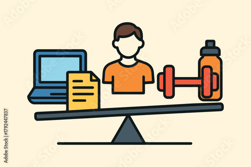 Balancing work and fitness on a seesaw representing life choices