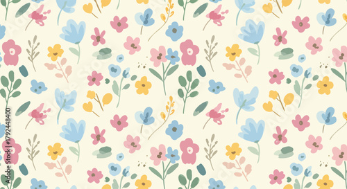 Seamless floral pattern with pink flowers butterflies and leaves vector design for spring summer decor